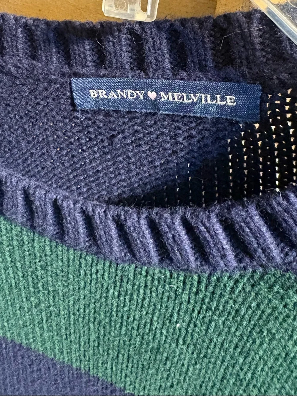 Brandy Melville Green Navy Striped Pullover Sweater Women Crew Neck Long Sleeve